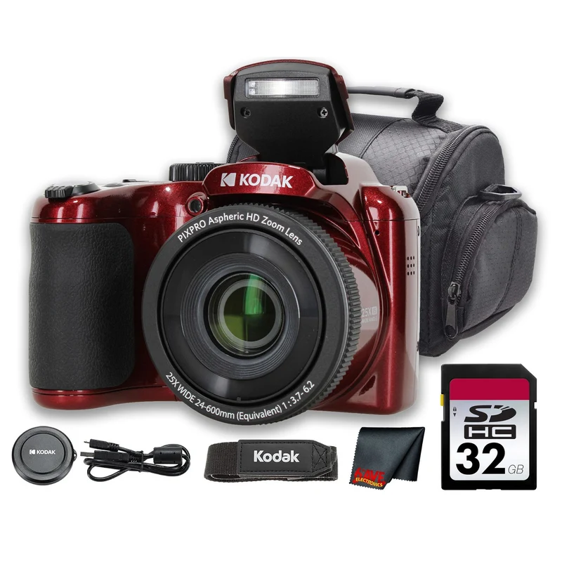 Kodak PIXPRO AZ255 Digital Camera (Red) (AZ255RD) + 32GB Card + Bag + Cloth