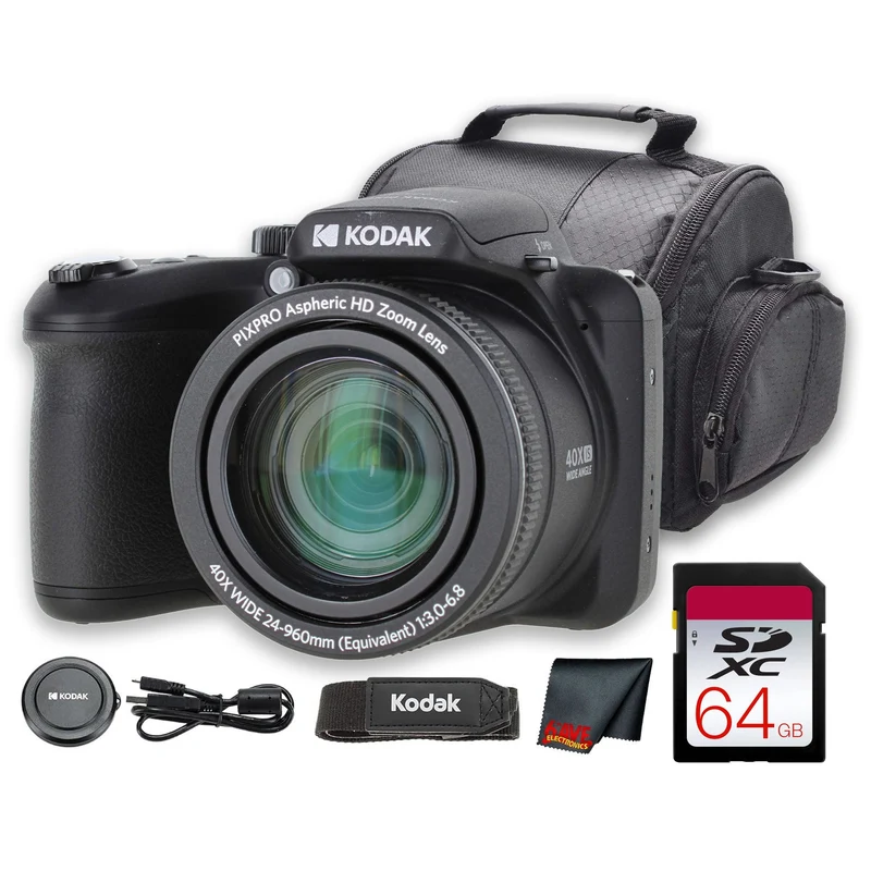 Kodak PIXPRO AZ405 Digital Camera (Black) (AZ405BK) + 64GB Card + Bag + Cloth