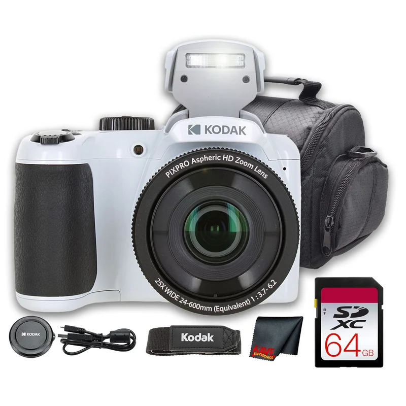 Kodak PIXPRO AZ255 Digital Camera (White) (AZ255WH) + 64GB Card + Bag + Cloth