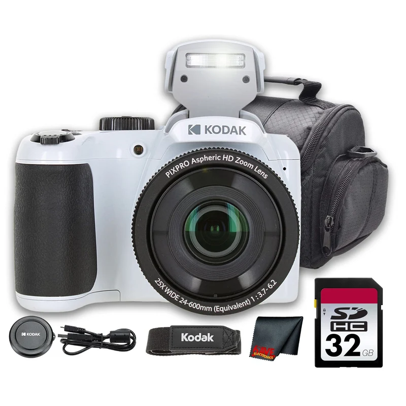 Kodak PIXPRO AZ255 Digital Camera (White) (AZ255WH) + 32GB Card + Bag + Cloth