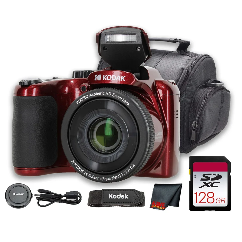 Kodak PIXPRO AZ255 Digital Camera (Red) (AZ255RD) + 128GB Card + Bag + Cloth