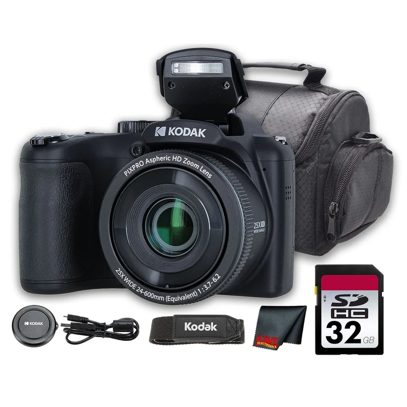 Kodak PIXPRO AZ255 Digital Camera (Black) (AZ255BK) + 32GB Card + Bag + Cloth
