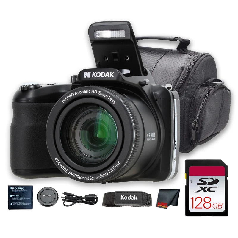 Kodak PIXPRO AZ425 Digital Camera (Black) (AZ425BK) + 128GB Card + Bag + Cloth