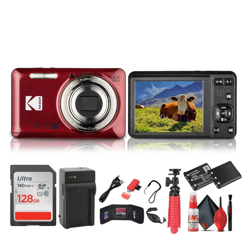 Kodak Pixpro FZ55 Digital Camera in Red (FZ55RD) Bundle with Accessories