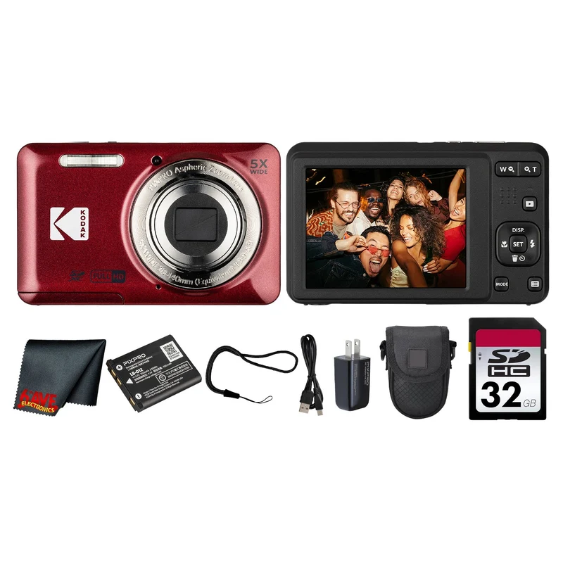 Kodak PIXPRO FZ55 Digital Camera (Red) (FZ55RD) + 32GB Card + Case + Cleaning Cloth