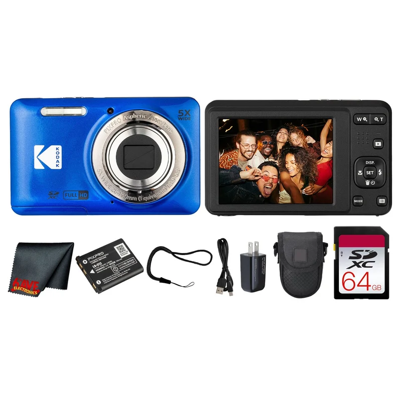 Kodak PIXPRO FZ55 Digital Camera (Blue) (FZ55BL) + 64GB Card + Case + Cleaning Cloth