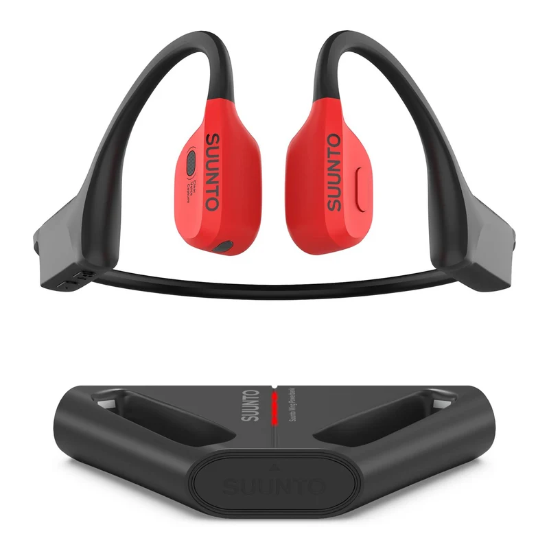 SUUNTO Wing Open-Ear Bone Conduction Headphone, Bluetooth Wireless Sport Headphone w/Head Movement Control, Built-in HD Mic, IP67 Sweatproof, Safety Lights, 10H Playtime & 20H w/Charging Stand, Red