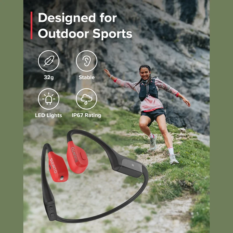 SUUNTO Wing Open-Ear Bone Conduction Headphone, Bluetooth Wireless Sport Headphone w/Head Movement Control, Built-in HD Mic, IP67 Sweatproof, Safety Lights, 10H Playtime & 20H w/Charging Stand, Red