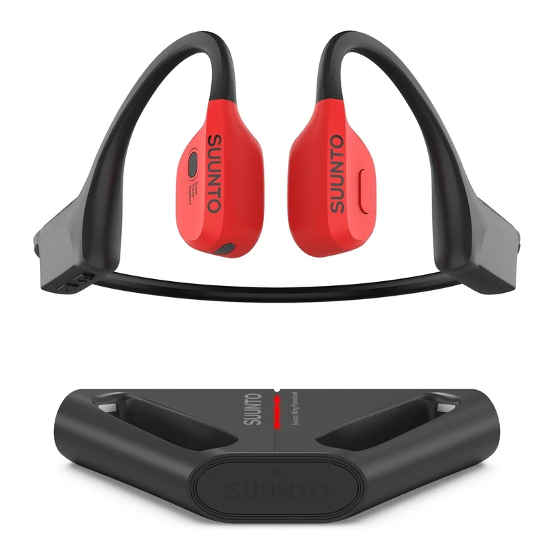 SUUNTO Wing Open-Ear Bone Conduction Headphone, Bluetooth Wireless Sport Headphone w/Head Movement Control, Built-in HD Mic, IP67 Sweatproof, Safety Lights, 10H Playtime & 20H w/Charging Stand, Red
