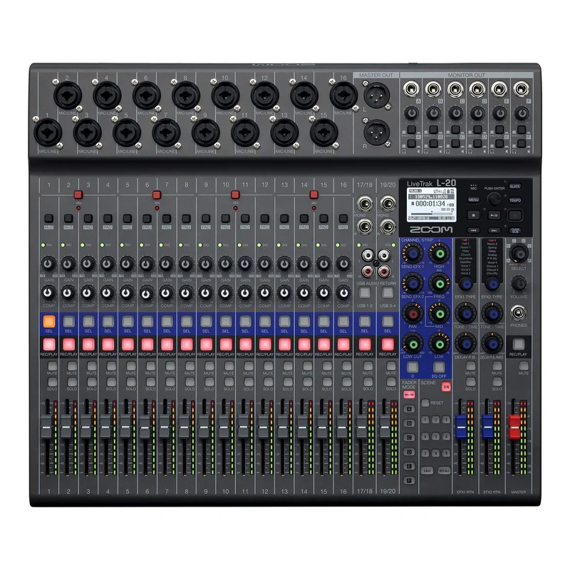 Zoom LiveTrak L-20 Digital Mixer & Multitrack Recorder, 20-Input/ 22-Channel SD Card Recorder, 22-in/4-out USB Audio Interface, 6 Customizable Outputs, Wireless iOS Control