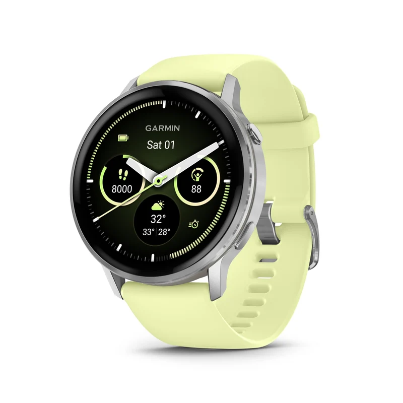 Garmin Venu® 4, 45mm, Advanced Health and Fitness GPS Smartwatch, Bright and Colorful Display, Built-in Flashlight, 12 Days of Battery Life, Silver with Citron Silicone Band