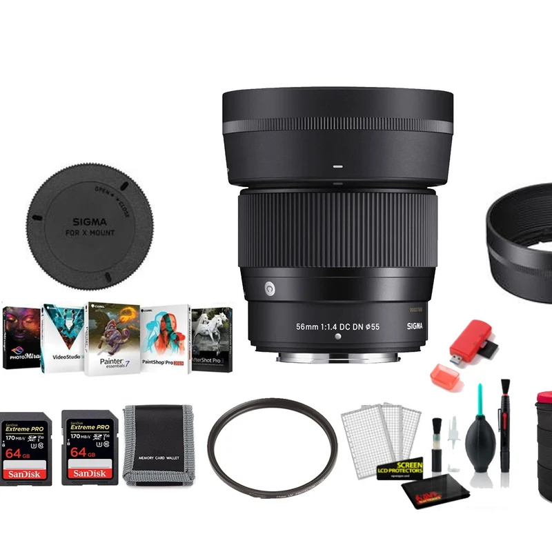 Sigma 56mm f/1.4 DC DN Contemporary Lens for FUJIFILM X - with 2X 64GB Memory Card, Editing Software and More