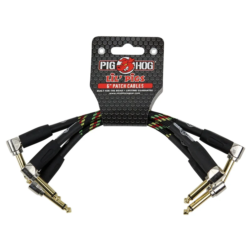 Pig Hog PHLIL6RA Lil' Pigs Right-Angle 1/4" Vintage Rasta Stripe Instrument Patch Cables, 6" (3 Pack)
