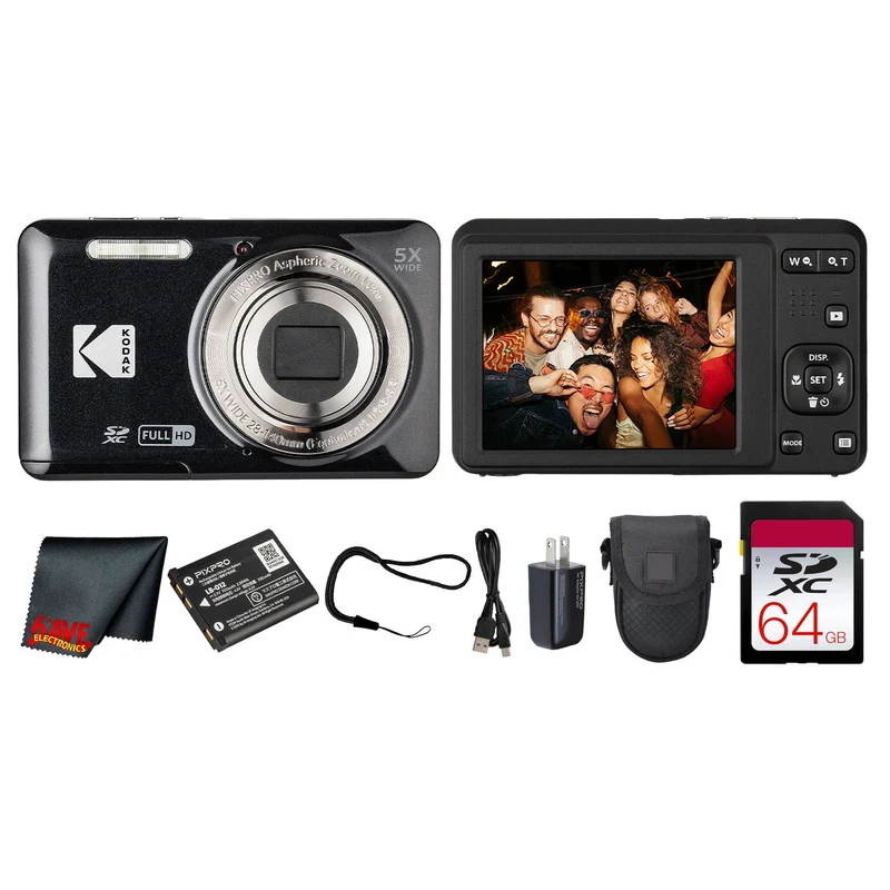 Kodak PIXPRO FZ55 Digital Camera (Black) + 64GB Card + Case + Cleaning Cloth Creator Kit