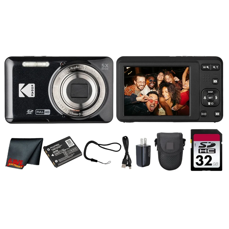 Kodak PIXPRO FZ55 Digital Camera (Black) + 32GB Card + Case + Cleaning Cloth Starter Kit