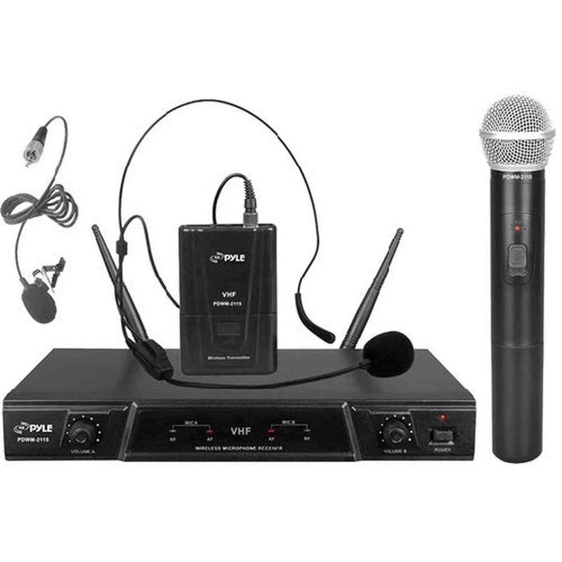 Dual Channel Wireless Microphone System - Portable VHF Audio Mic Set with Clip Lavalier lapel, Handheld, Headset, Transmitter, ¬º‚Äô‚Äô cable, power adapter - For Karaoke, PA DJ - Pyle Pro PDWM2115