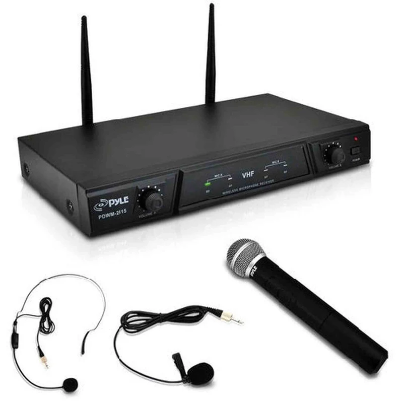 Dual Channel Wireless Microphone System - Portable VHF Audio Mic Set with Clip Lavalier lapel, Handheld, Headset, Transmitter, ¬º‚Äô‚Äô cable, power adapter - For Karaoke, PA DJ - Pyle Pro PDWM2115