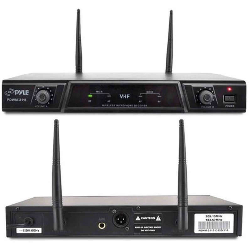 Dual Channel Wireless Microphone System - Portable VHF Audio Mic Set with Clip Lavalier lapel, Handheld, Headset, Transmitter, ¬º‚Äô‚Äô cable, power adapter - For Karaoke, PA DJ - Pyle Pro PDWM2115