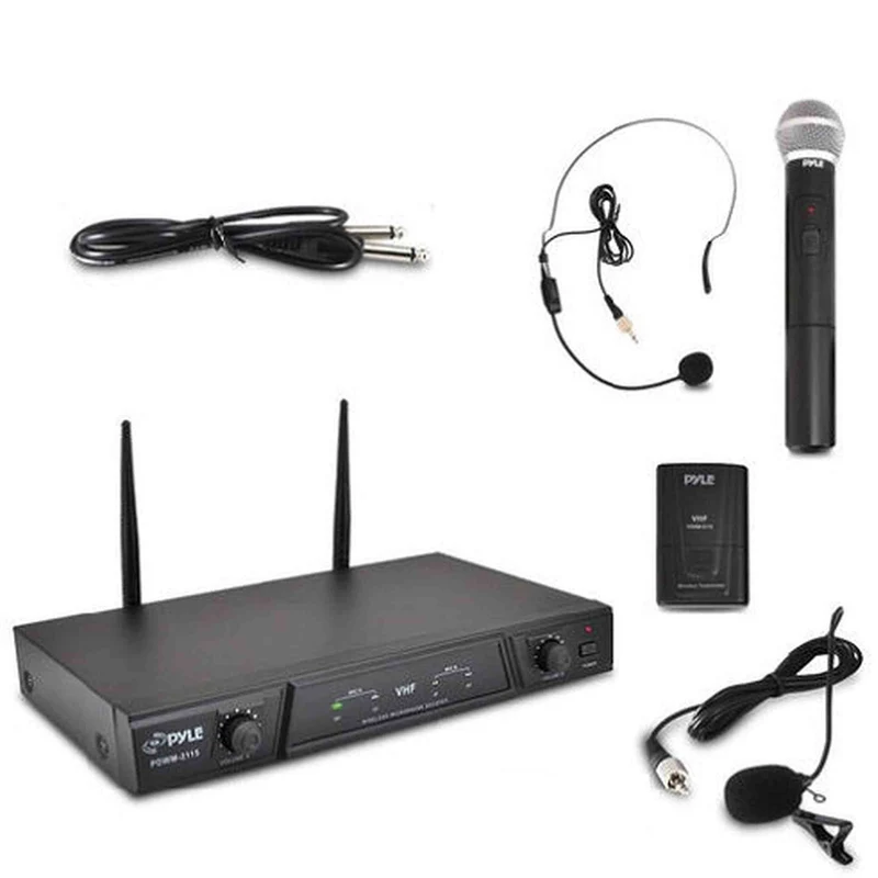 Dual Channel Wireless Microphone System - Portable VHF Audio Mic Set with Clip Lavalier lapel, Handheld, Headset, Transmitter, ¬º‚Äô‚Äô cable, power adapter - For Karaoke, PA DJ - Pyle Pro PDWM2115