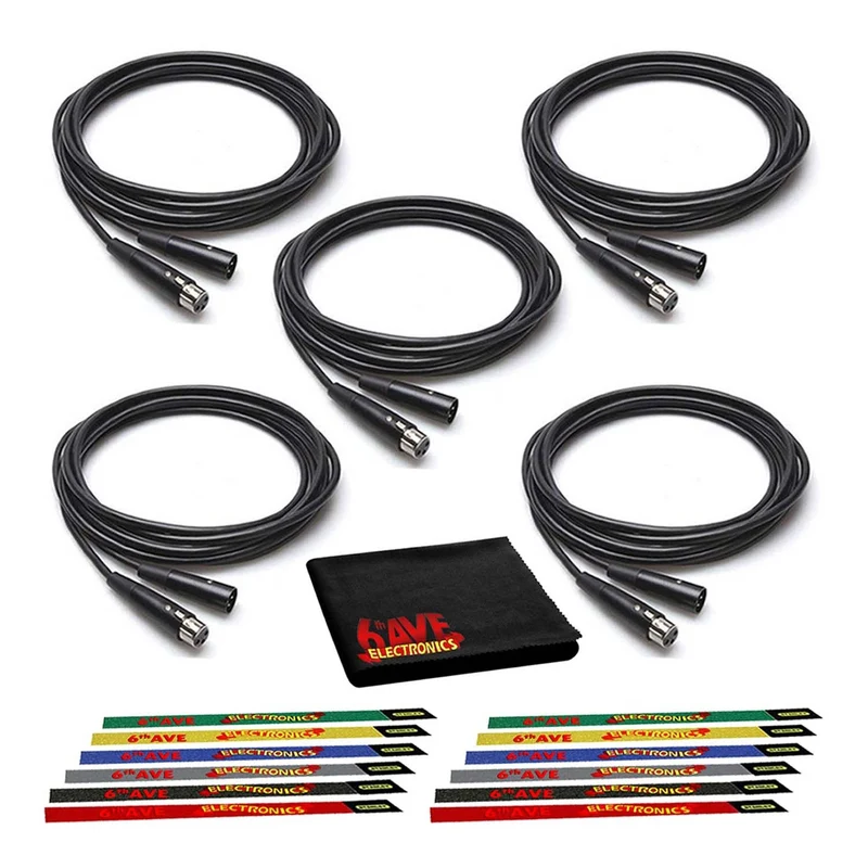 Hosa 10-Foot XLR Cable (5-Pack) Bundled with Ten (10) Reusable Velcro Cable Ties and 6Ave Cleaning Cloth