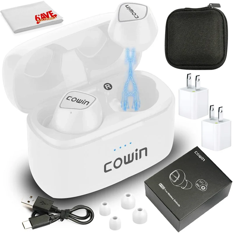 COWIN KY02 True Wireless Earbuds Sport Free Earphones, White with Two Adapters Bundle
