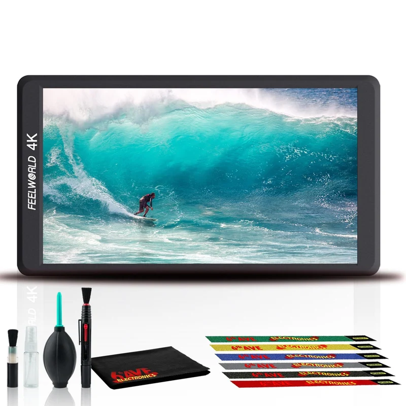 FeelWorld F570 5.7" 4K HDMI On-Camera Monitor + 6Pk Cable Ties + Cleaning Kit Bundle