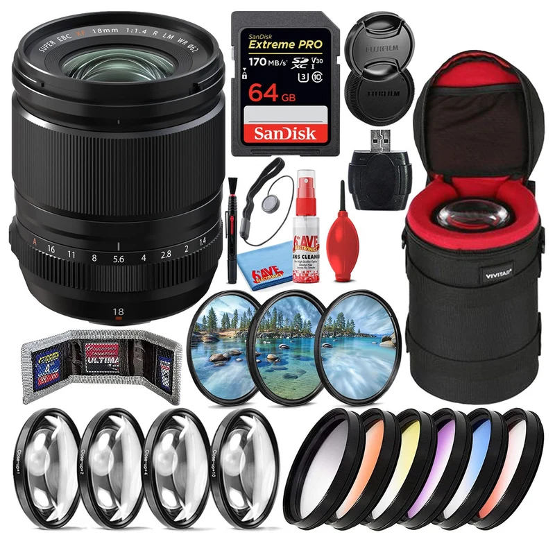 Fujifilm Fujinon XF 18mm f/1.4 R LM WR Prime Lens + 64GB SD Card Bundle