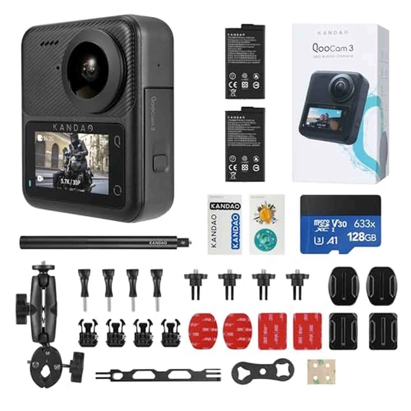 KanDao QooCam 3 360 Action Camera, 5.7K 62MP 360 Sports Camera, Dual 1/1.55" Sensors Larger Aperture Camera, 60fps Flawless Video Camera, Outdoor Stabilization Waterproof Night Shot, Motorcycle Combo