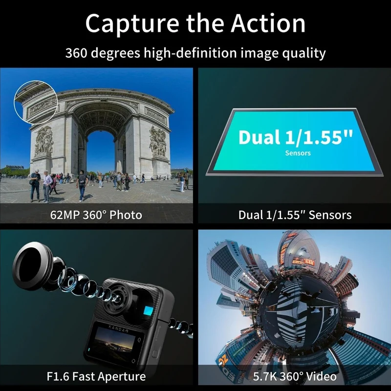 KanDao QooCam 3 360 Action Camera, 5.7K 62MP 360 Sports Camera, Dual 1/1.55" Sensors Larger Aperture Camera, 60fps Flawless Video Camera, Outdoor Stabilization Waterproof Night Shot, Motorcycle Combo