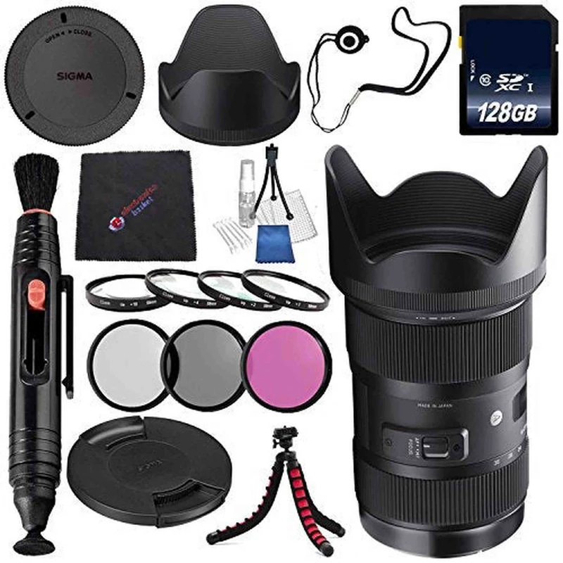 Sigma 18-35mm f/1.8 DC HSM Art Lens for Nikon F #210306 + 72mm 3 Piece Filter Kit + 128GB SDXC Memory Card + Lens Pen Cleaner + Cloth Bundle