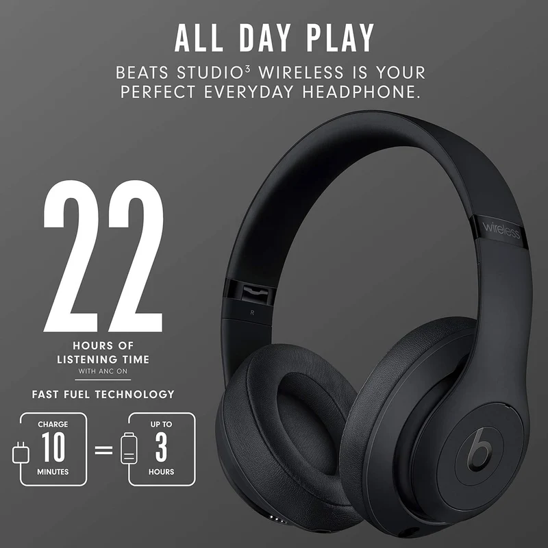 Beats Studio3 Wireless Noise Cancelling Over-Ear Headphones Matte Black (Latest Model)