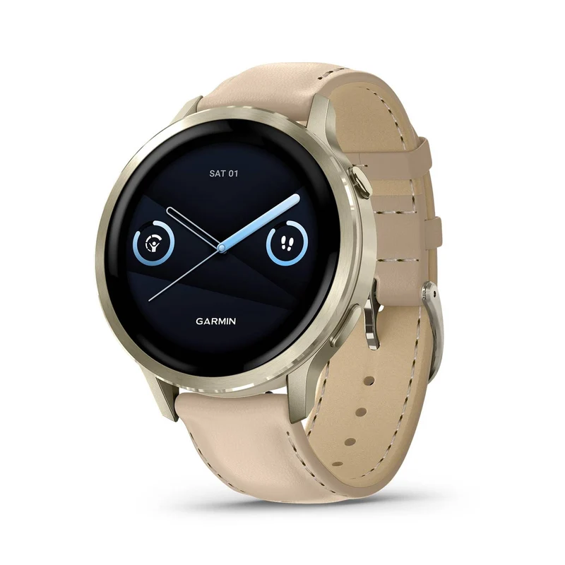 Garmin Venu® 4, 41mm, Advanced Health and Fitness GPS Smartwatch, Bright and Colorful Display, Built-in Flashlight, 10 Days of Battery Life, Lunar Gold with Bone Silicone Band/Light Sand Leather Band