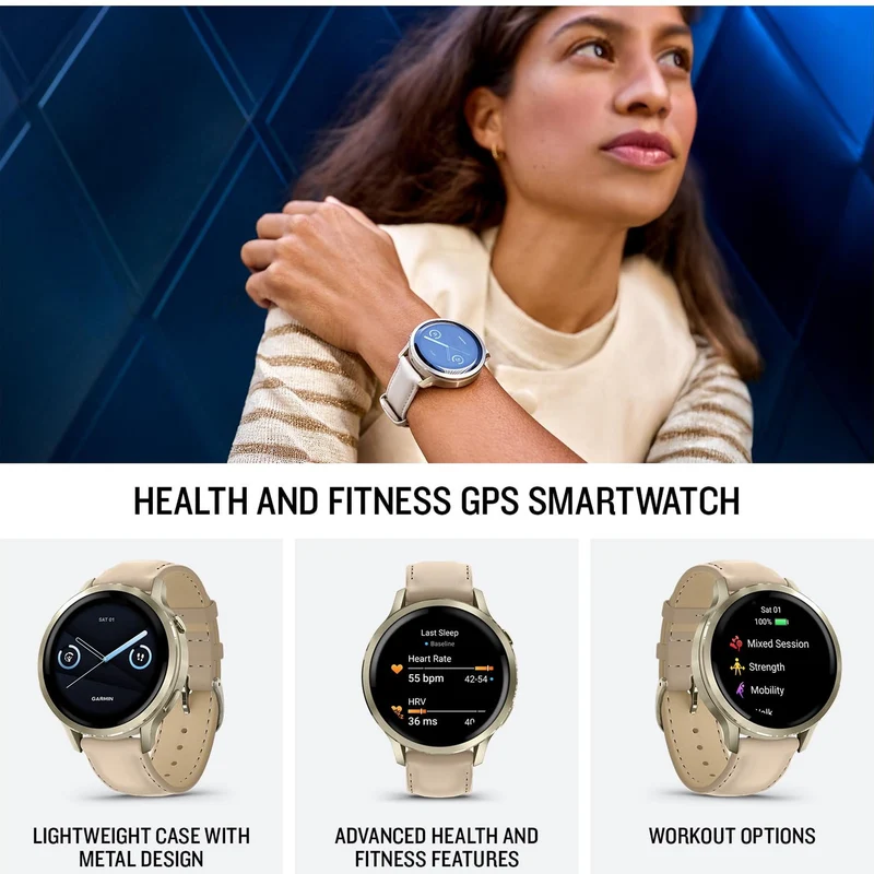 Garmin Venu® 4, 41mm, Advanced Health and Fitness GPS Smartwatch, Bright and Colorful Display, Built-in Flashlight, 10 Days of Battery Life, Lunar Gold with Bone Silicone Band/Light Sand Leather Band