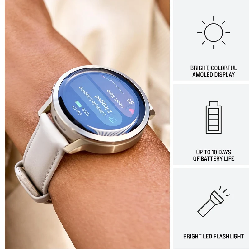 Garmin Venu® 4, 41mm, Advanced Health and Fitness GPS Smartwatch, Bright and Colorful Display, Built-in Flashlight, 10 Days of Battery Life, Lunar Gold with Bone Silicone Band/Light Sand Leather Band