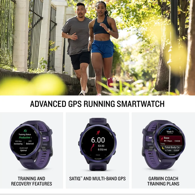 Garmin® Forerunner® 570, 47mm, Advanced GPS Running and Triathlon Smartwatch, AMOLED Display, Training and Recovery Features, Indigo Aluminum with Translucent Imperial Purple/Indigo Band