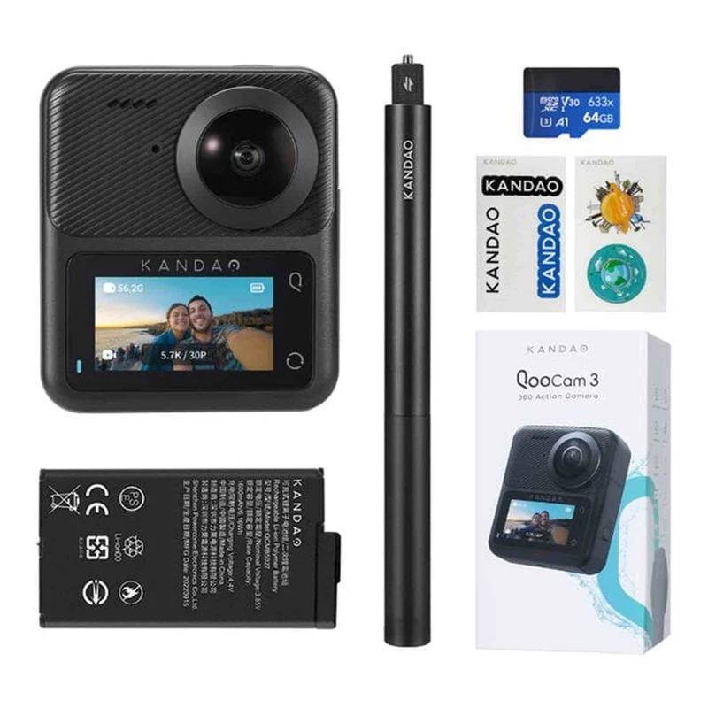 KanDao QooCam 3 360 Action Camera, 5.7K 62MP 360 Sports Camera, Dual 1/1.55" Sensors Larger Aperture Camera, 60fps Flawless Video Camera, Outdoor Stabilization Waterproof Night Shot, Travel Combo