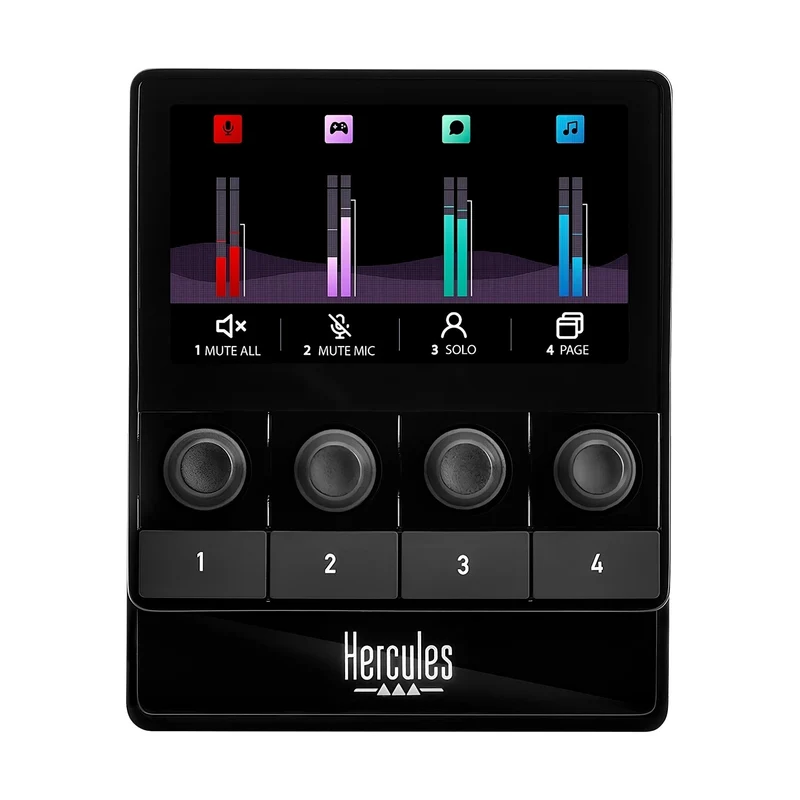 Hercules Stream 100, Audio Mixer for Content Creators, Up to 8 Tracks, LCD Screen, High Resolution Encoders, 4 Actions Buttons and Customizable Interface. Compatible with Windows PC Only