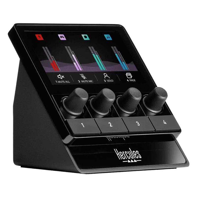 Hercules Stream 100, Audio Mixer for Content Creators, Up to 8 Tracks, LCD Screen, High Resolution Encoders, 4 Actions Buttons and Customizable Interface. Compatible with Windows PC Only