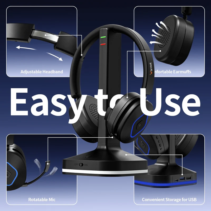 Wantek Wireless Headset with USB Dongle, Bluetooth 6.0 PC Headset with Noise Canceling Mic, 40Hrs Music Time, 2.4G/BT Switch for Computer Laptop Call Center Skype Teams (500mAh)