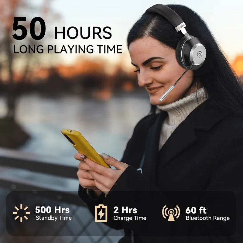 Trucker Bluetooth Headset with Microphone, with AI Noise Cancelling & Mute Button, Wireless On-Ear Headphones 50 Hrs Working Time, for Trucker Home Office Remote Work Zoom