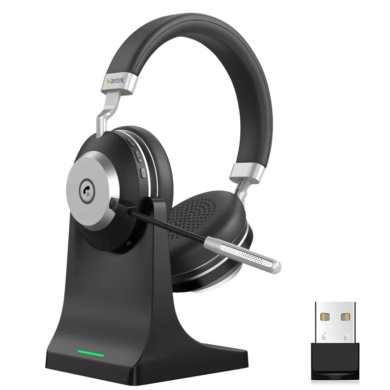V5.3 Computer Bluetooth Headset with Microphone for PC, with Noise Cancelling Mic, USB Dongle, Charging Base & Mute Button for Work/Cell Phones/Computer/Call Center/Zoom