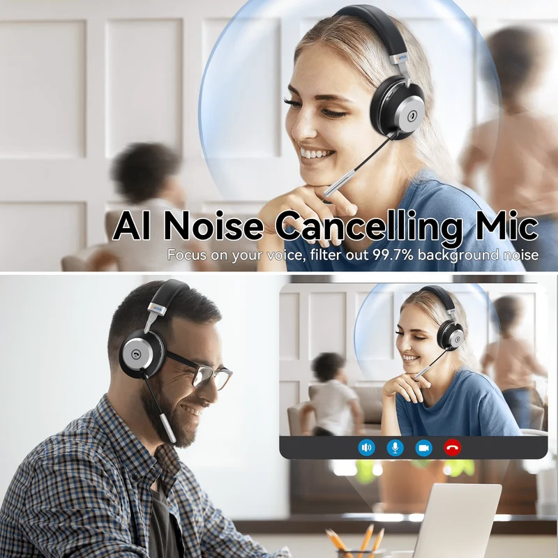 V5.3 Computer Bluetooth Headset with Microphone for PC, with Noise Cancelling Mic, USB Dongle, Charging Base & Mute Button for Work/Cell Phones/Computer/Call Center/Zoom