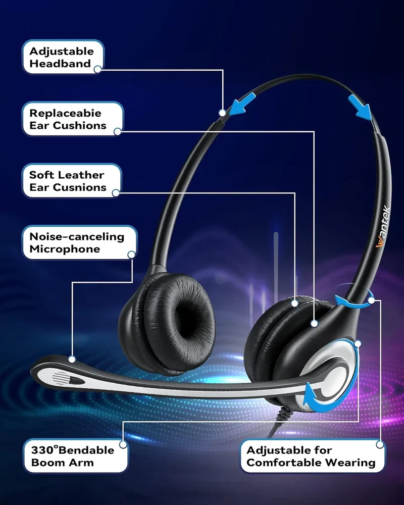 Wantek® h602 RJ9【RJ1QD】Dual-Ear Phone Headset with Quick Disconnect
