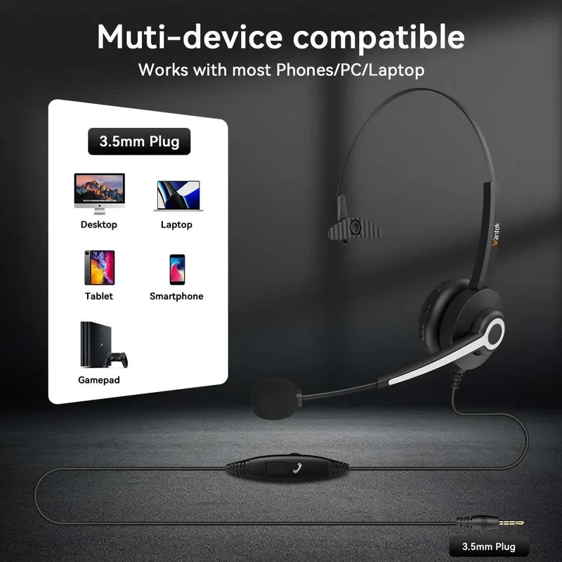 Wantek® h681 Mono 3.5mm Headset with Noise-Cancelling Mic