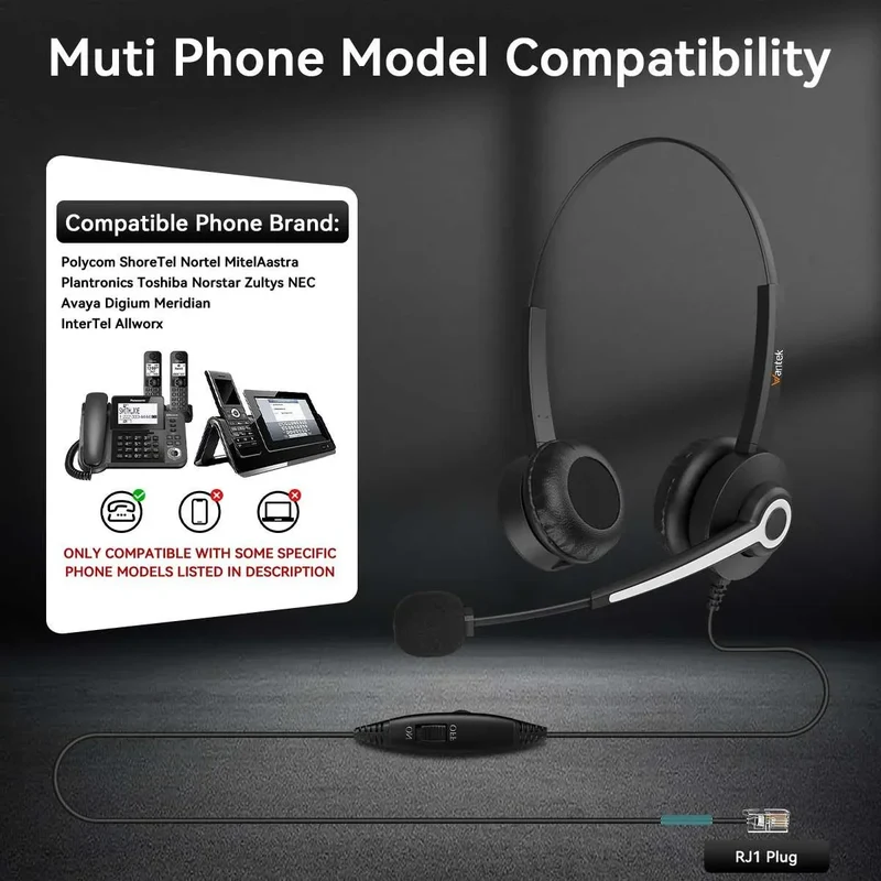 Wantek® h682 RJ9【RJ1】Dual-Ear Headset for Compatible Desk Phones