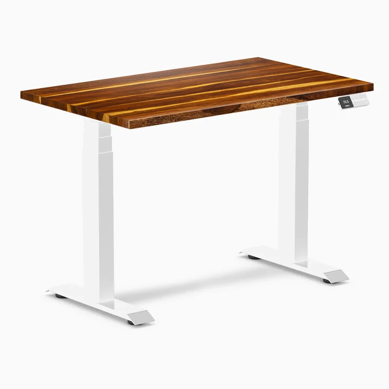 Desky Dual Mini Hardwood Sit Stand Desk 100cm Pheasantwood Desktop and White Frame