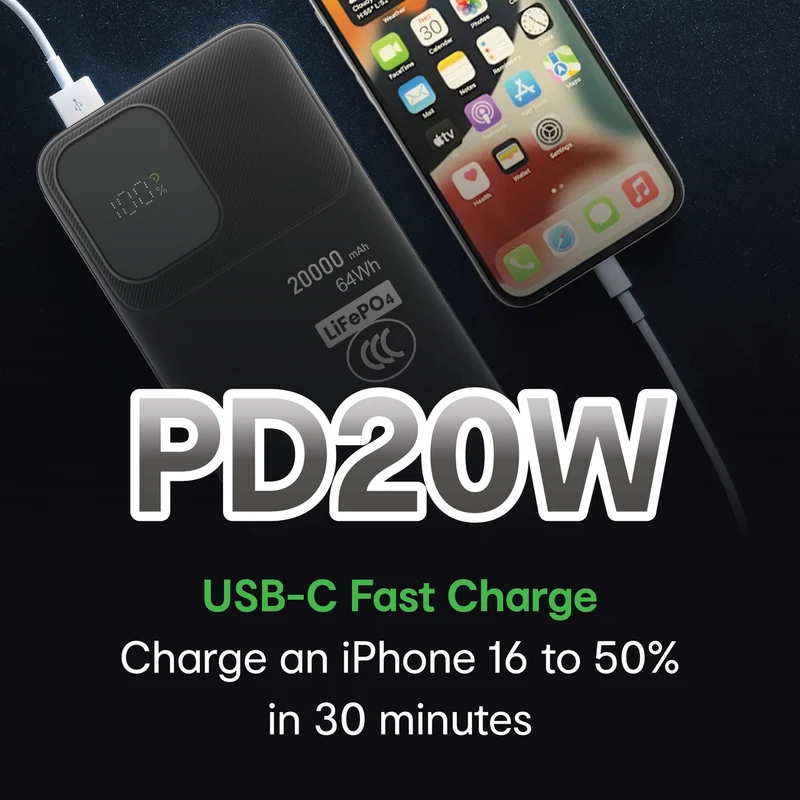 Laser 20000mAh LiFePO4 Powerbank 20W USB-C PD (Black)
