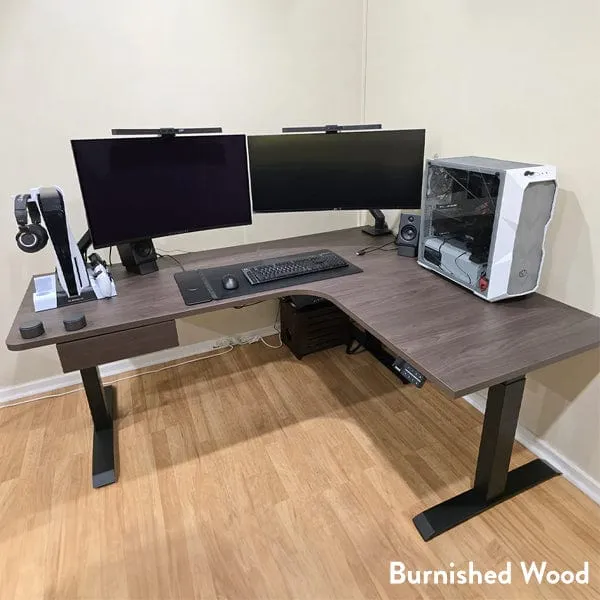 Desky L-Shape Melamine Sit Stand Desk 160cm - Left Return Classic Oak Top and Wheat Leg