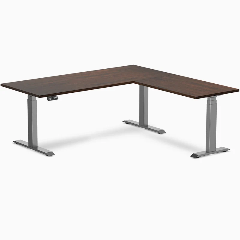Desky Rubberwood L-Shape Sit Stand Desk 180 x 175 cm Red Walnut Top and Wheat Leg