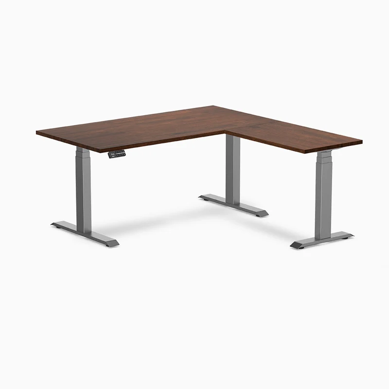 Desky Rubberwood L-Shape Sit Stand Desk 180 x 175 cm Red Walnut Top and Wheat Leg